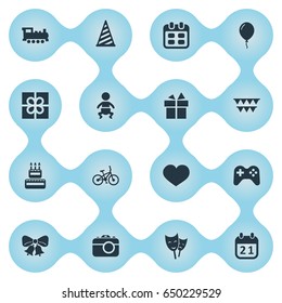 Vector Illustration Set Of Simple Celebration Icons. Elements Aerostat, Camera, Cap And Other Synonyms Sweetmeat, Infant And Camera.