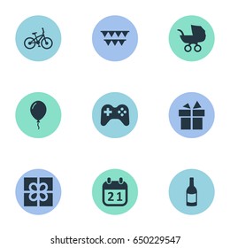 Vector Illustration Set Of Simple Celebration Icons. Elements Game, Beverage, Box And Other Synonyms Beverage, Prize And Flags.