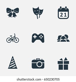 Vector Illustration Set Of Simple Celebration Icons. Elements Cap, Domestic, Resonate And Other Synonyms History, Cap And Bicycle.