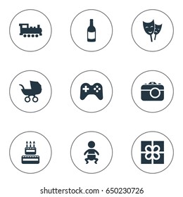 Vector Illustration Set Of Simple Celebration Icons. Elements Box, Game, Confectionery And Other Synonyms Gift, Cake And Actor.
