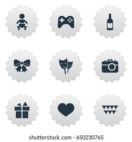 Vector Illustration Set Of Simple Celebration Icons. Elements Game, Soul, Ribbon And Other Synonyms Beverage, Gift And Mask.