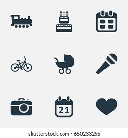Vector Illustration Set Of Simple Celebration Icons. Elements Soul, Baby Carriage, Special Day And Other Synonyms Steam, Locomotive And Speech.