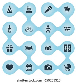 Vector Illustration Set Of Simple Celebration Icons. Elements Baby Carriage, Bicycle, Ribbon And Other Synonyms Stroller, Theater And Kid.