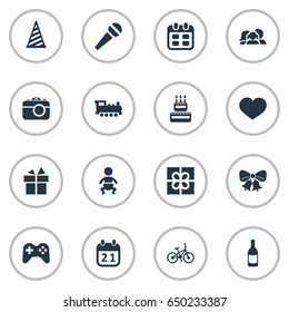 Vector Illustration Set Of Simple Celebration Icons. Elements Cap, Ribbon, Beverage And Other Synonyms Locomotive, Family And Champagne.