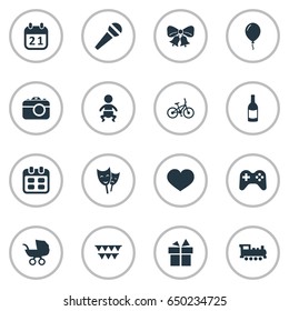 Vector Illustration Set Of Simple Celebration Icons. Elements Train, Baby Carriage, Speech And Other Synonyms Theater, Heart And Feelings.