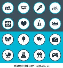 Vector Illustration Set Of Simple Celebration Icons. Elements Box, Train, Baby Carriage And Other Synonyms Speech, Voice And Box.