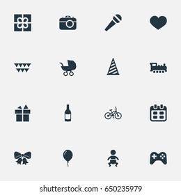 Vector Illustration Set Of Simple Celebration Icons. Elements Ribbon, Aerostat, Resonate And Other Synonyms Party, Microphone And Gift.
