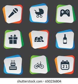 Vector Illustration Set Of Simple Celebration Icons. Elements Special Day, Speech, Baby Carriage And Other Synonyms Microphone, Joystick And Family.