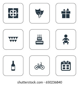 Vector Illustration Set Of Simple Celebration Icons. Elements Box, Infant, Days And Other Synonyms Mask, Confectionery And Kid.