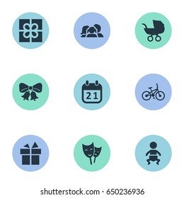 Vector Illustration Set Of Simple Celebration Icons. Elements Domestic, Bicycle, Baby Carriage And Other Synonyms Calendar, Domestic And Sport.
