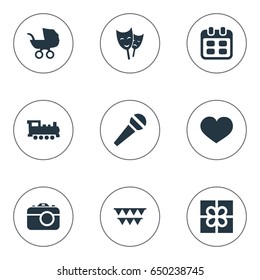 Vector Illustration Set Of Simple Celebration Icons. Elements Decorations;, Box, Mask And Other Synonyms Soul, Box And Locomotive.