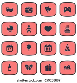 Vector Illustration Set Of Simple Celebration Icons. Elements Soul, Confectionery, Beverage And Other Synonyms Feelings, History And Sweetmeat.