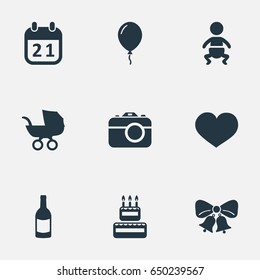 Vector Illustration Set Of Simple Celebration Icons. Elements Infant, Resonate, Beverage And Other Synonyms Infant, Day And Resonate.