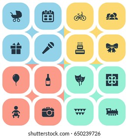 Vector Illustration Set Of Simple Celebration Icons. Elements Box, Bicycle, Train And Other Synonyms Bike, Prize And Mask.