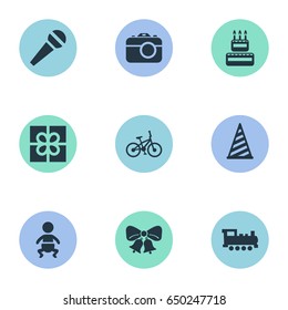 Vector Illustration Set Of Simple Celebration Icons. Elements Cap, Confectionery, Train And Other Synonyms Microphone, Steam And Party.