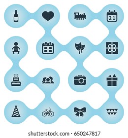 Vector Illustration Set Of Simple Celebration Icons. Elements Confectionery, Box, Cap And Other Synonyms Box, Gift And Locomotive.