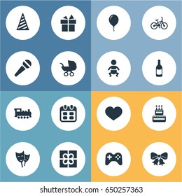 Vector Illustration Set Of Simple Celebration Icons. Elements Days, Train, Bicycle And Other Synonyms Bike, Cap And Soul.