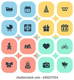 Vector Illustration Set Of Simple Celebration Icons. Elements Domestic, Ribbon, Bicycle And Other Synonyms Calendar, Bicycle And Present.