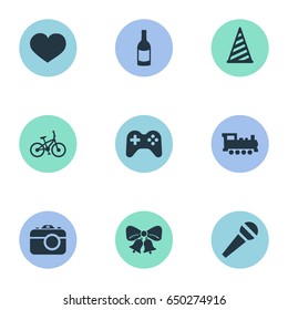 Vector Illustration Set Of Simple Celebration Icons. Elements Bicycle, Beverage, Game And Other Synonyms Hat, Photography And Feelings.