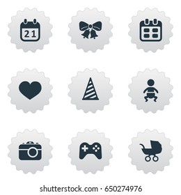 Vector Illustration Set Of Simple Celebration Icons. Elements Game, Cap, Soul And Other Synonyms Date, Stroller And Baby.