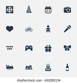 Vector Illustration Set Of Simple Celebration Icons. Elements Ribbon, Domestic, Train And Other Synonyms Heart, Prize And Play.