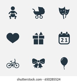 Vector Illustration Set Of Simple Celebration Icons. Elements Infant, Ribbon, Aerostat And Other Synonyms Sky, Bells And Heart.