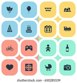 Vector Illustration Set Of Simple Celebration Icons. Elements Bicycle, Train, Soul And Other Synonyms Game, Baby And Carriage.