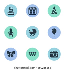 Vector Illustration Set Of Simple Celebration Icons. Elements Cap, Decorations;, Infant And Other Synonyms Jingle, Aerostat And Carriage.