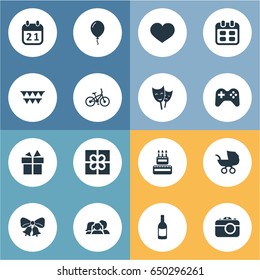 Vector Illustration Set Of Simple Celebration Icons. Elements Aerostat, Box, Beverage And Other Synonyms Sweetmeat, Baby And Ribbon.