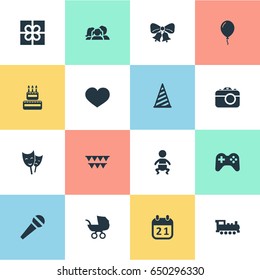 Vector Illustration Set Of Simple Celebration Icons. Elements Game, Train, Decorations; And Other Synonyms Infant, Domestic And Mask.