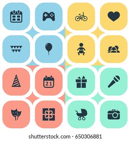 Vector Illustration Set Of Simple Celebration Icons. Elements Baby Carriage, Game, Mask And Other Synonyms Party, People And Cap.