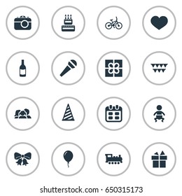 Vector Illustration Set Of Simple Celebration Icons. Elements Decorations;, Resonate, Train And Other Synonyms Locomotive, Ribbon And Steam.