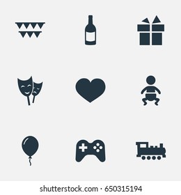 Vector Illustration Set Of Simple Celebration Icons. Elements Mask, Ribbon, Train And Other Synonyms Actor, Locomotive And Mask.