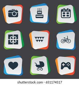 Vector Illustration Set Of Simple Celebration Icons. Elements Box, Game, Camera And Other Synonyms Gift, Photo And Sport.