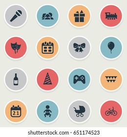 Vector Illustration Set Of Simple Celebration Icons. Elements Infant, Resonate, Train And Other Synonyms Joystick, Bike And Flags.