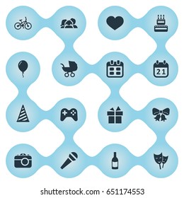 Vector Illustration Set Of Simple Celebration Icons. Elements Special Day, Baby Carriage, Ribbon And Other Synonyms Soul, Bicycle And Mask.