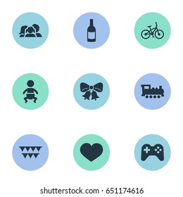 Vector Illustration Set Of Simple Celebration Icons. Elements Soul, Resonate, Game And Other Synonyms Kid, Resonate And Party.