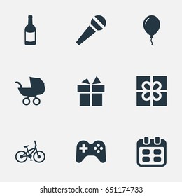 Vector Illustration Set Of Simple Celebration Icons. Elements Aerostat, Baby Carriage, Box And Other Synonyms Present, Joystick And Fizz.