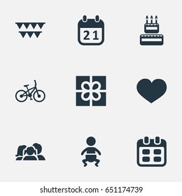 Vector Illustration Set Of Simple Celebration Icons. Elements Decorations;, Soul, Infant And Other Synonyms Decorations, Box And Feelings.