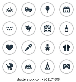 Vector Illustration Set Of Simple Celebration Icons. Elements Domestic, Aerostat, Game And Other Synonyms Train, Sky And Champagne.