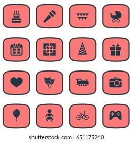 Vector Illustration Set Of Simple Celebration Icons. Elements Game, Ribbon, Confectionery And Other Synonyms Joystick, Mask And Prize.