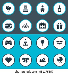 Vector Illustration Set Of Simple Celebration Icons. Elements Soul, Ribbon, Mask And Other Synonyms Jingle, Sweetmeat And Heart.
