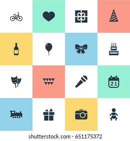 Vector Illustration Set Of Simple Celebration Icons. Elements Camera, Confectionery, Cap And Other Synonyms Photography, Kid And Ribbon.