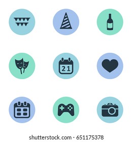 Vector Illustration Set Of Simple Celebration Icons. Elements Cap, Camera, Days And Other Synonyms Joystick, Photography And Photo.