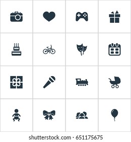 Vector Illustration Set Of Simple Celebration Icons. Elements Domestic, Confectionery, Infant And Other Synonyms Cake, Carriage And Confectionery.