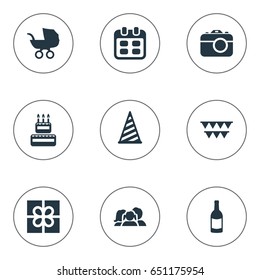 Vector Illustration Set Of Simple Celebration Icons. Elements Decorations;, Days, Cap And Other Synonyms Confectionery, People And Photography.