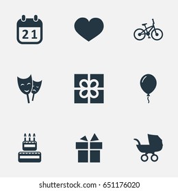 Vector Illustration Set Of Simple Celebration Icons. Elements Mask, Special Day, Aerostat And Other Synonyms Sport, Day And Soul.