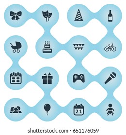 Vector Illustration Set Of Simple Celebration Icons. Elements Special Day, Infant, Cap And Other Synonyms Balloon, Resonate And Microphone.