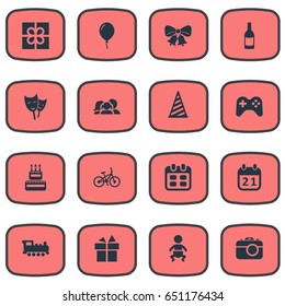 Vector Illustration Set Of Simple Celebration Icons. Elements Train, Box, Game And Other Synonyms Confectionery, Sweetmeat And Locomotive.