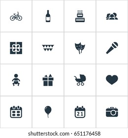 Vector Illustration Set Of Simple Celebration Icons. Elements Confectionery, Box, Beverage And Other Synonyms Photography, Sport And Baby.